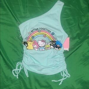 NWT Hello Kitty Cute One-Shoulder Cartoon Mint Green Top size XS